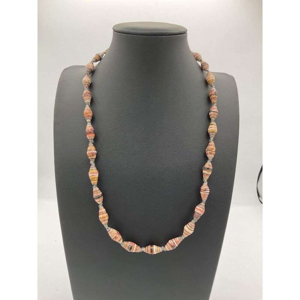 Handmade Paper Bead Necklace With Multicolor Stripes Geometric Pattern